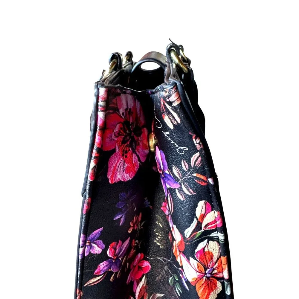 Juicy Couture Medallion Floral Satchel Tote Black Multi Color Purse Gold Logo